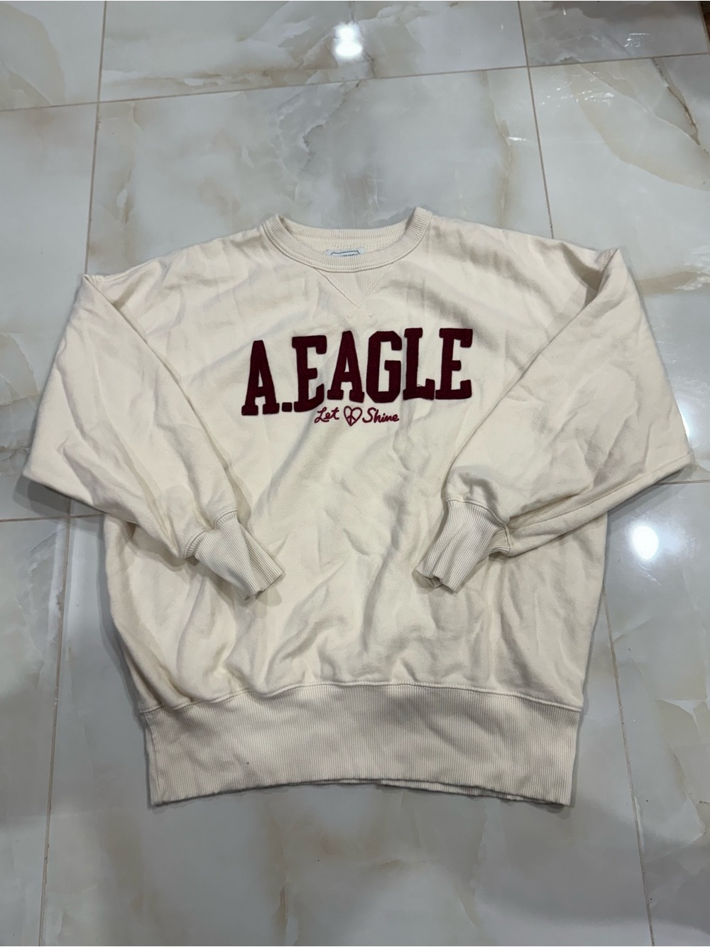 American Eagle Outfitters Cream Crewneck with Burgundy Logo